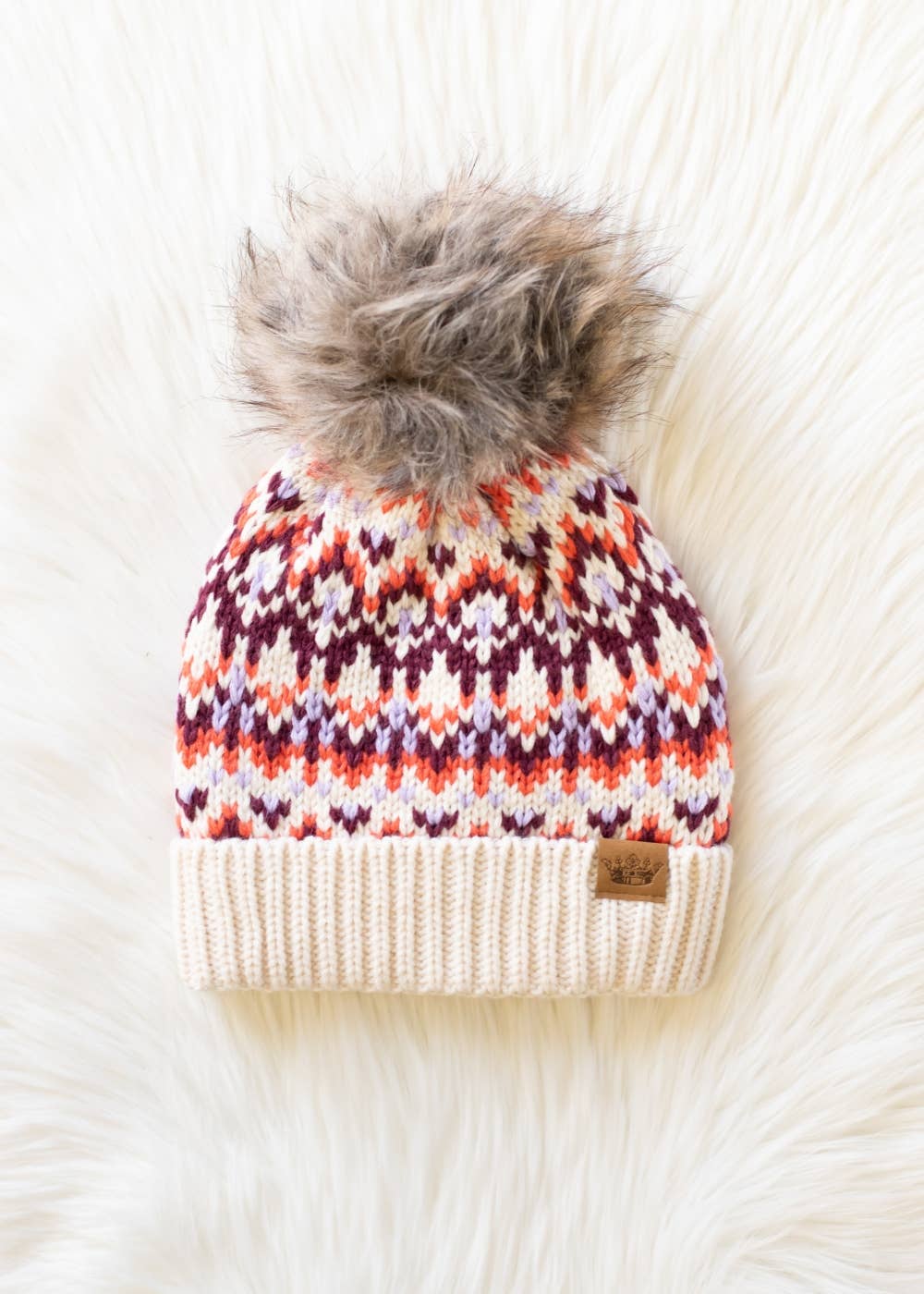Beige, Lilac & Orange Patterned Pom Hat