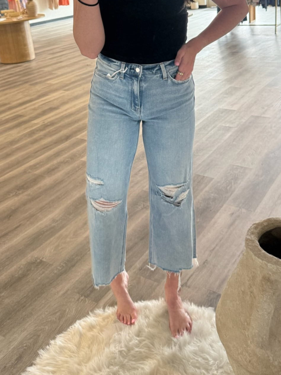 HIGH RISE DISTRESSED CROP WIDE JEANS F6001