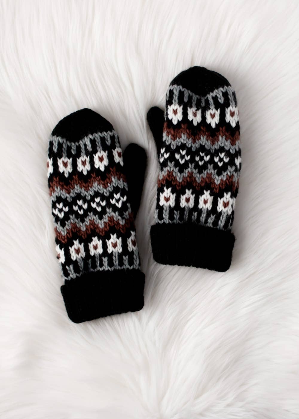 Black, White & Brown Winter Pattern Mittens