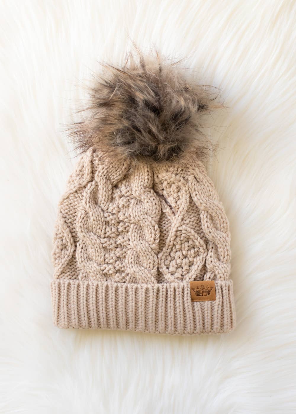 Taupe Cable Knit Pom Hat