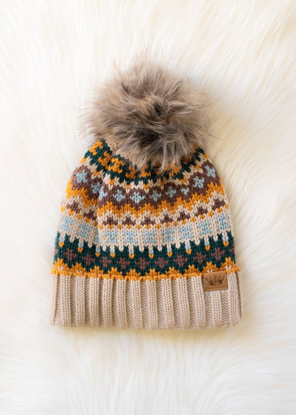 Taupe & Multicolored Patterned Pom Hat
