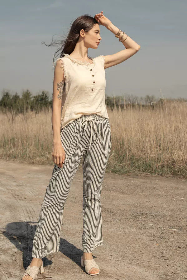 Katelyn Elastic Drawstring Waist Stripe Wide Fit Pants