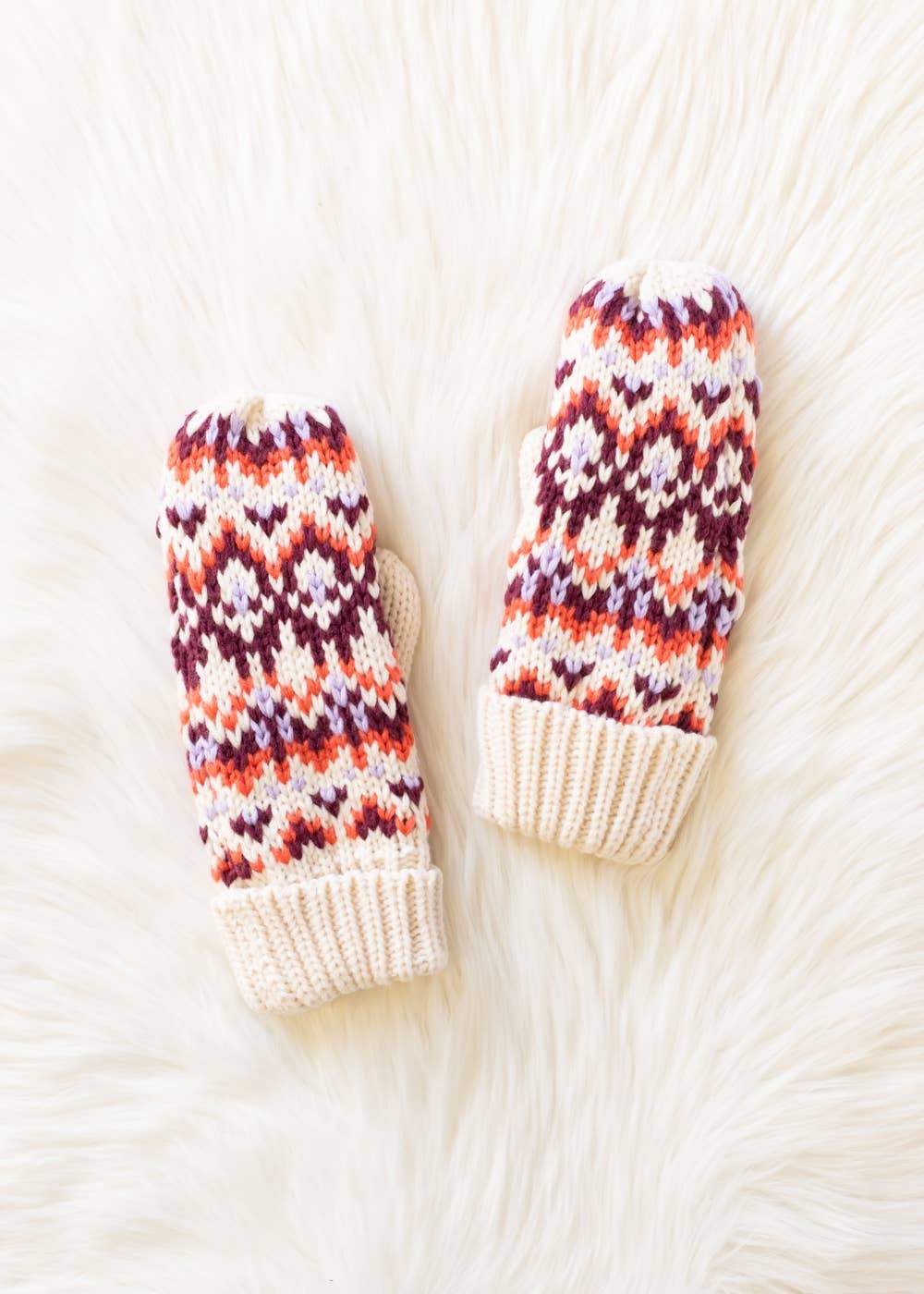 Beige, Lilac & Orange Patterned Mittens