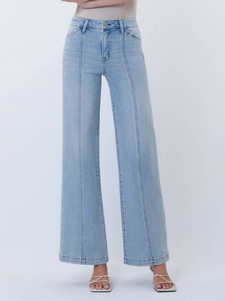 Lacy Cut Seam Detail Light Wash Wide Jeans
