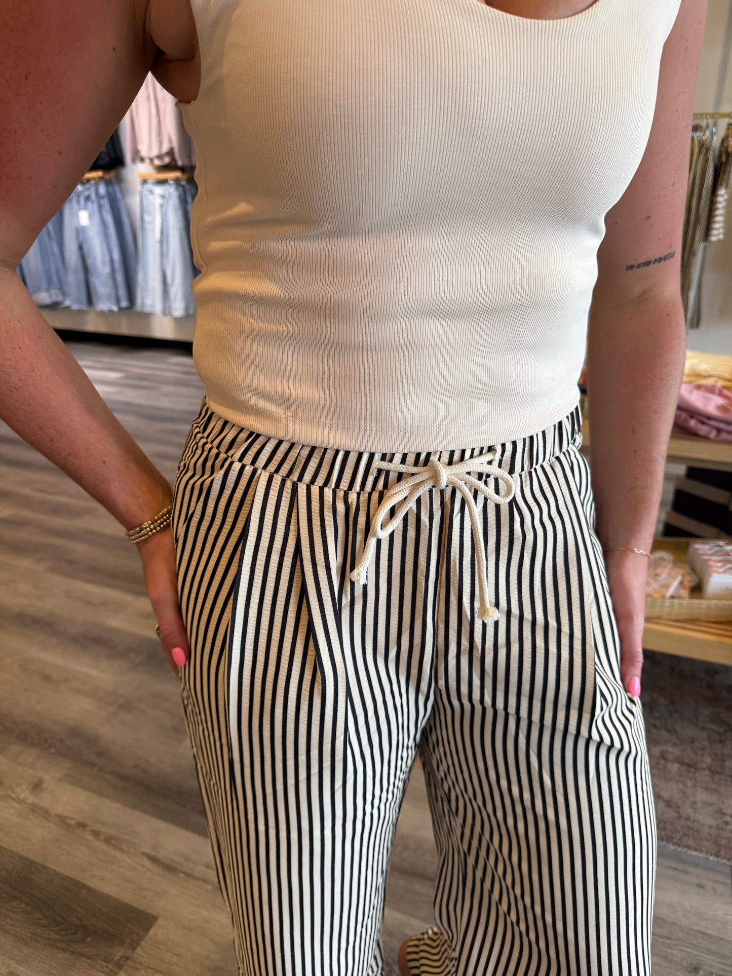 Katelyn Elastic Drawstring Waist Stripe Wide Fit Pants