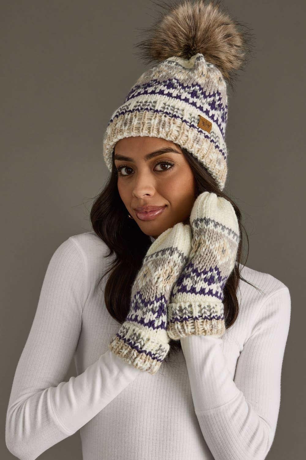 White, Purple & Taupe Patterned Pom Hat