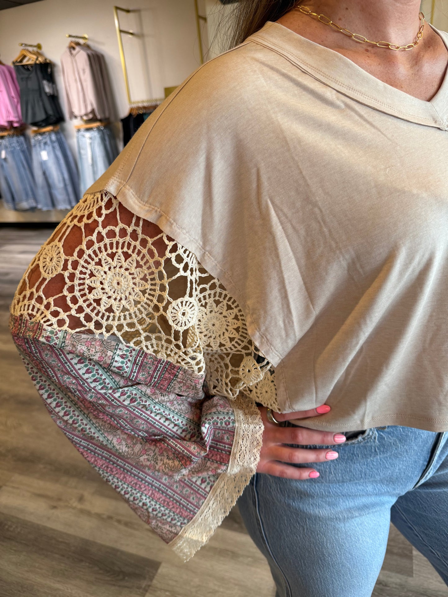 Carrie Lace and Patchwork Bell-Sleeve Crop Top