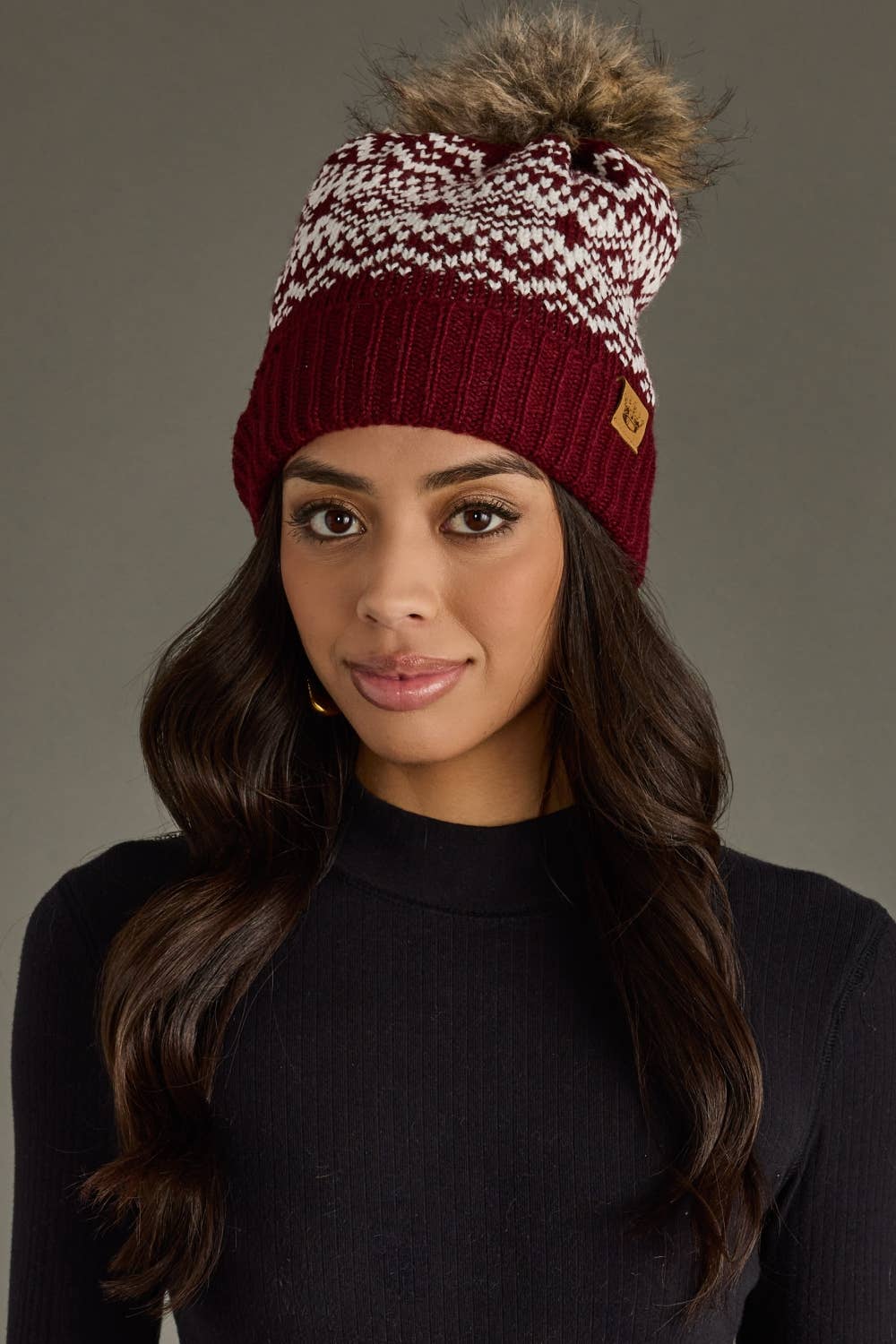 Burgundy & White Patterned Pom Hat
