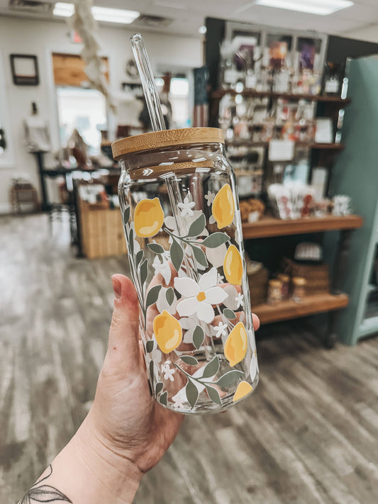Lemon Floral Glass Can Cup