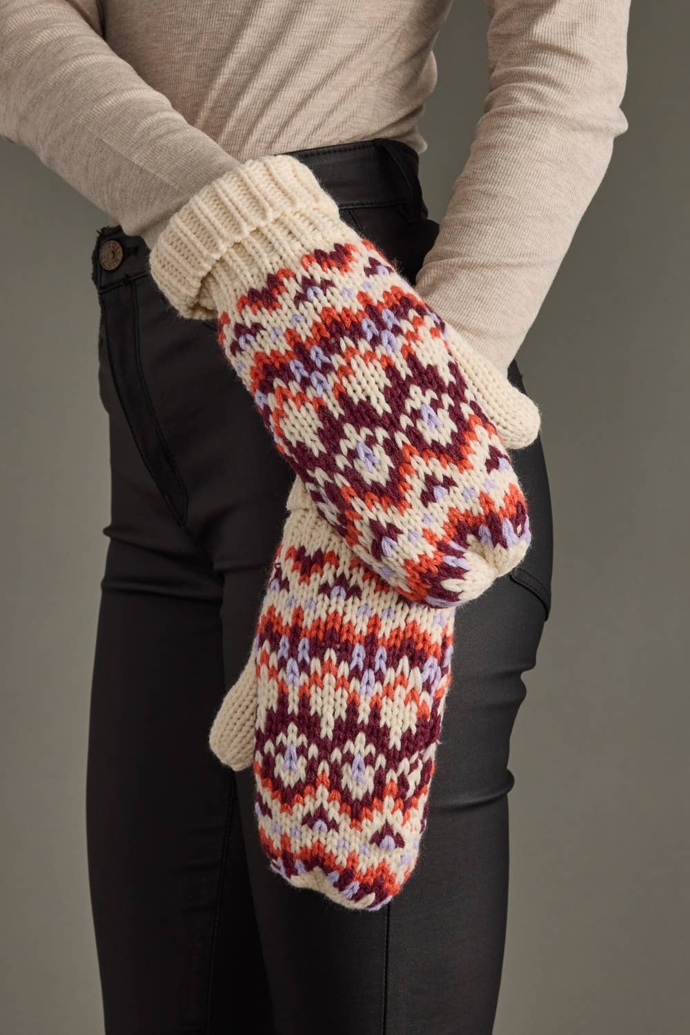 Beige, Lilac & Orange Patterned Mittens