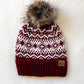 Burgundy & White Patterned Pom Hat