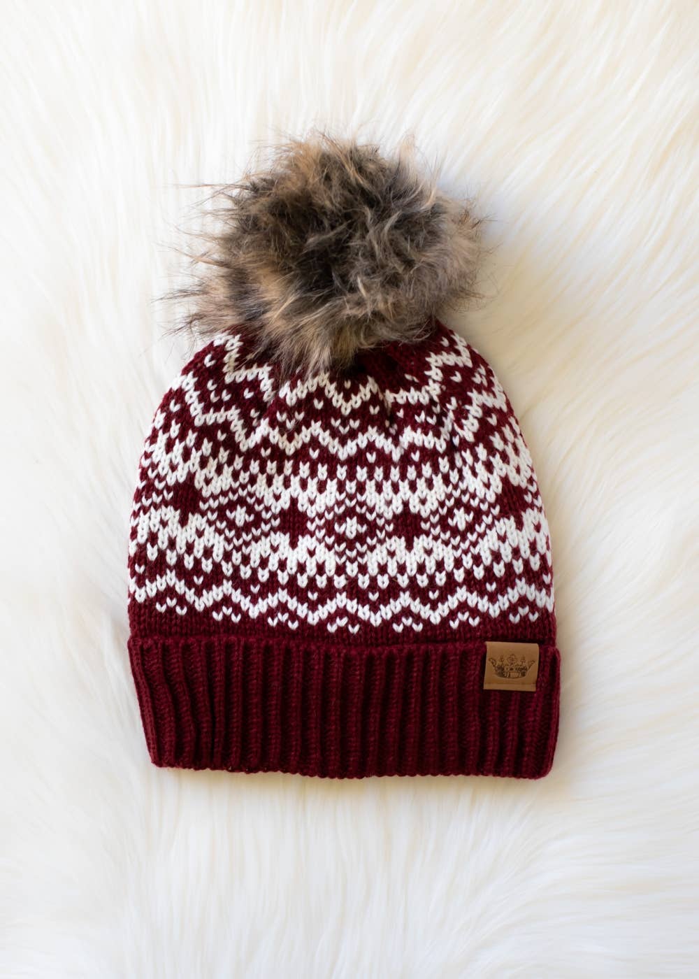 Burgundy & White Patterned Pom Hat