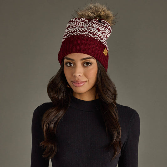 Burgundy & White Patterned Pom Hat