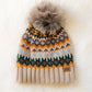 Taupe & Multicolored Patterned Pom Hat