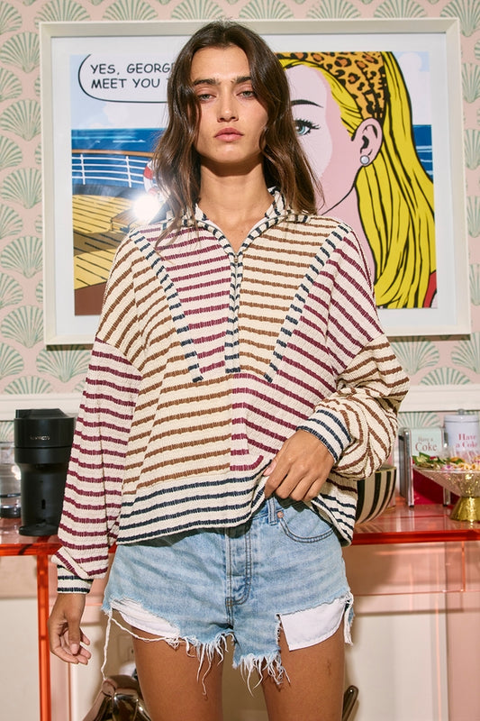 Chris Oversized Funnel-Neck Half Zip Striped Top
