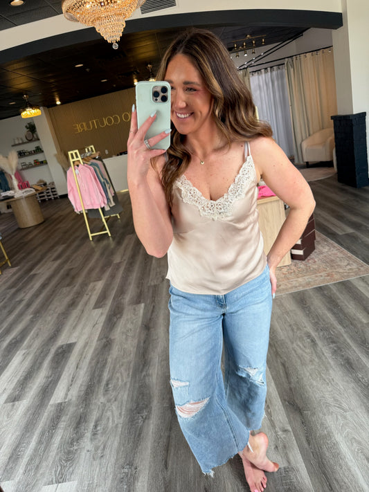Mariah Satin Lace Trimmed Top