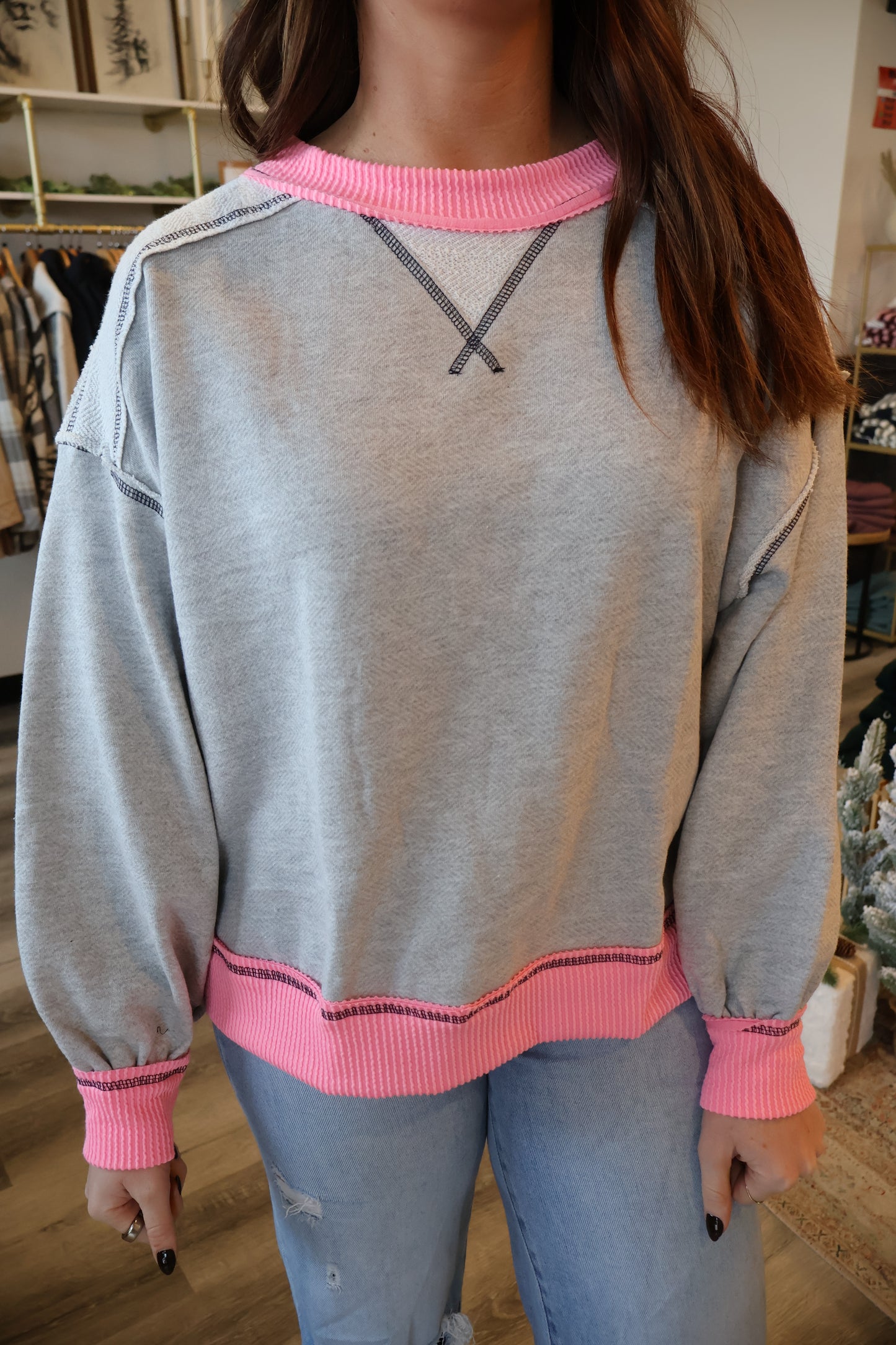 Candy Contrast & Reverse Stitch Details Sweatshirts