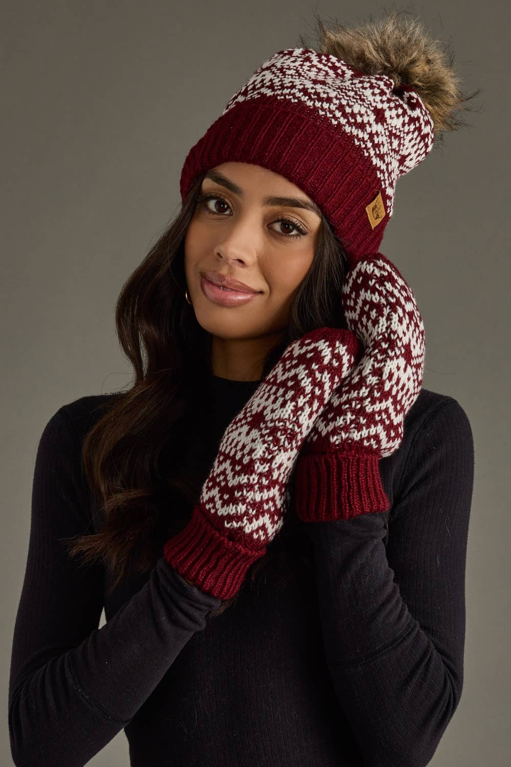 Burgundy & White Patterned Pom Hat