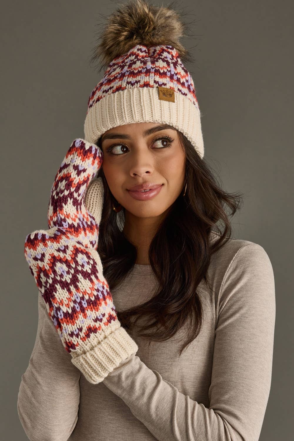 Beige, Lilac & Orange Patterned Pom Hat