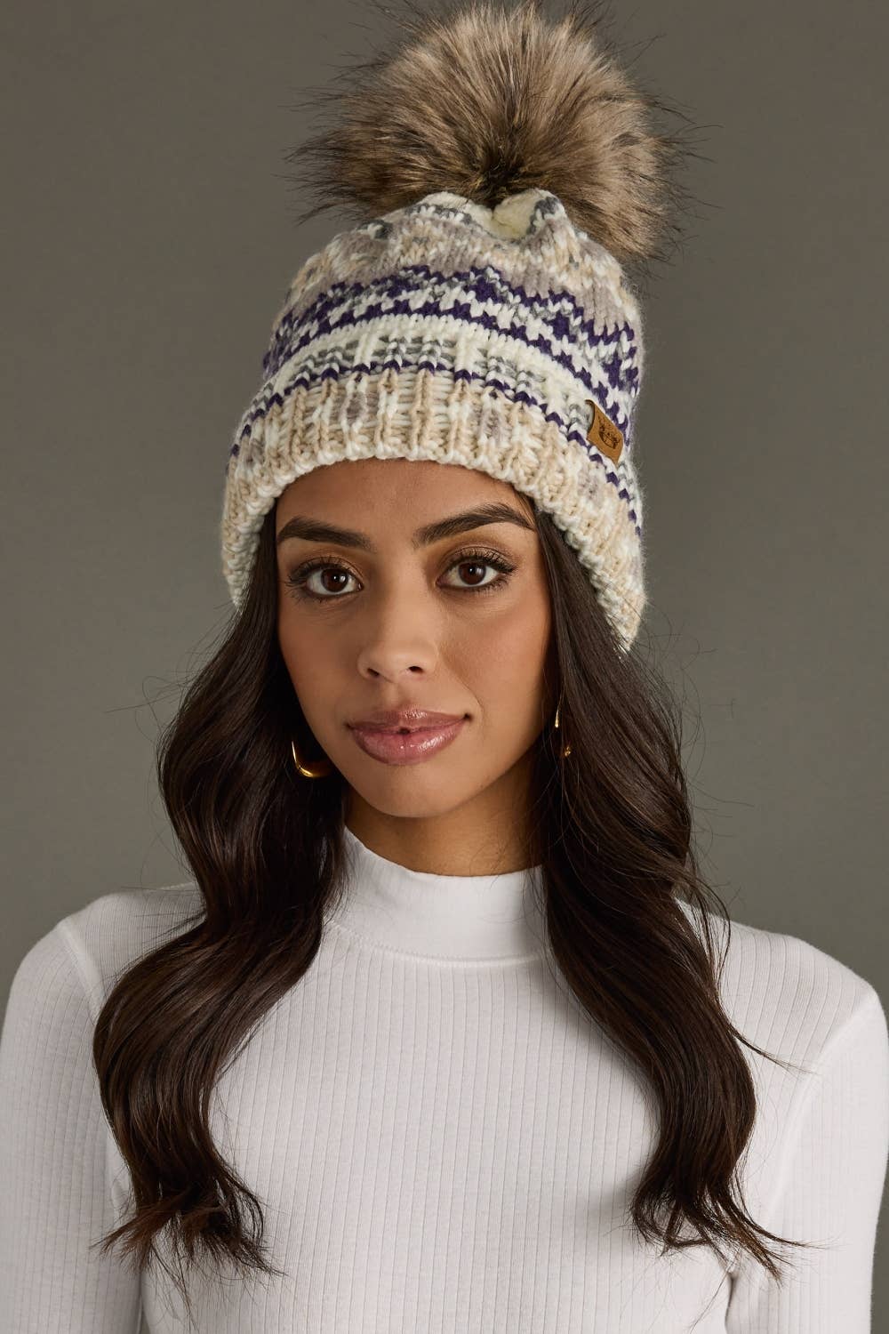 White, Purple & Taupe Patterned Pom Hat