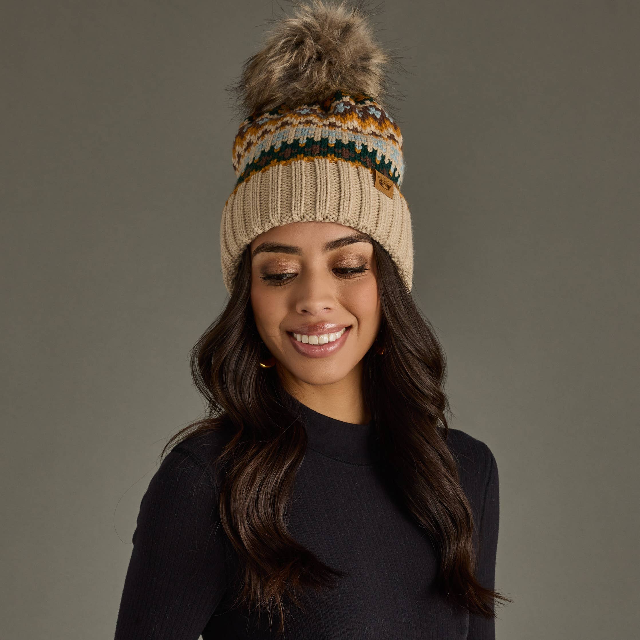 Taupe & Multicolored Patterned Pom Hat