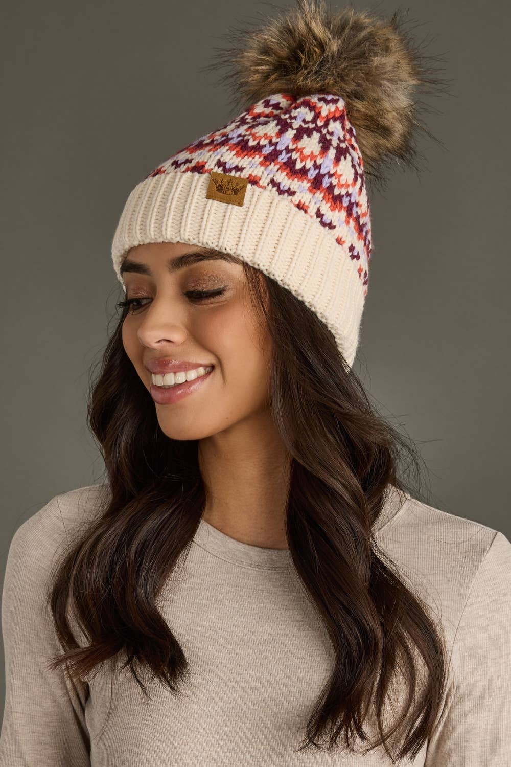 Beige, Lilac & Orange Patterned Pom Hat