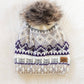 White, Purple & Taupe Patterned Pom Hat