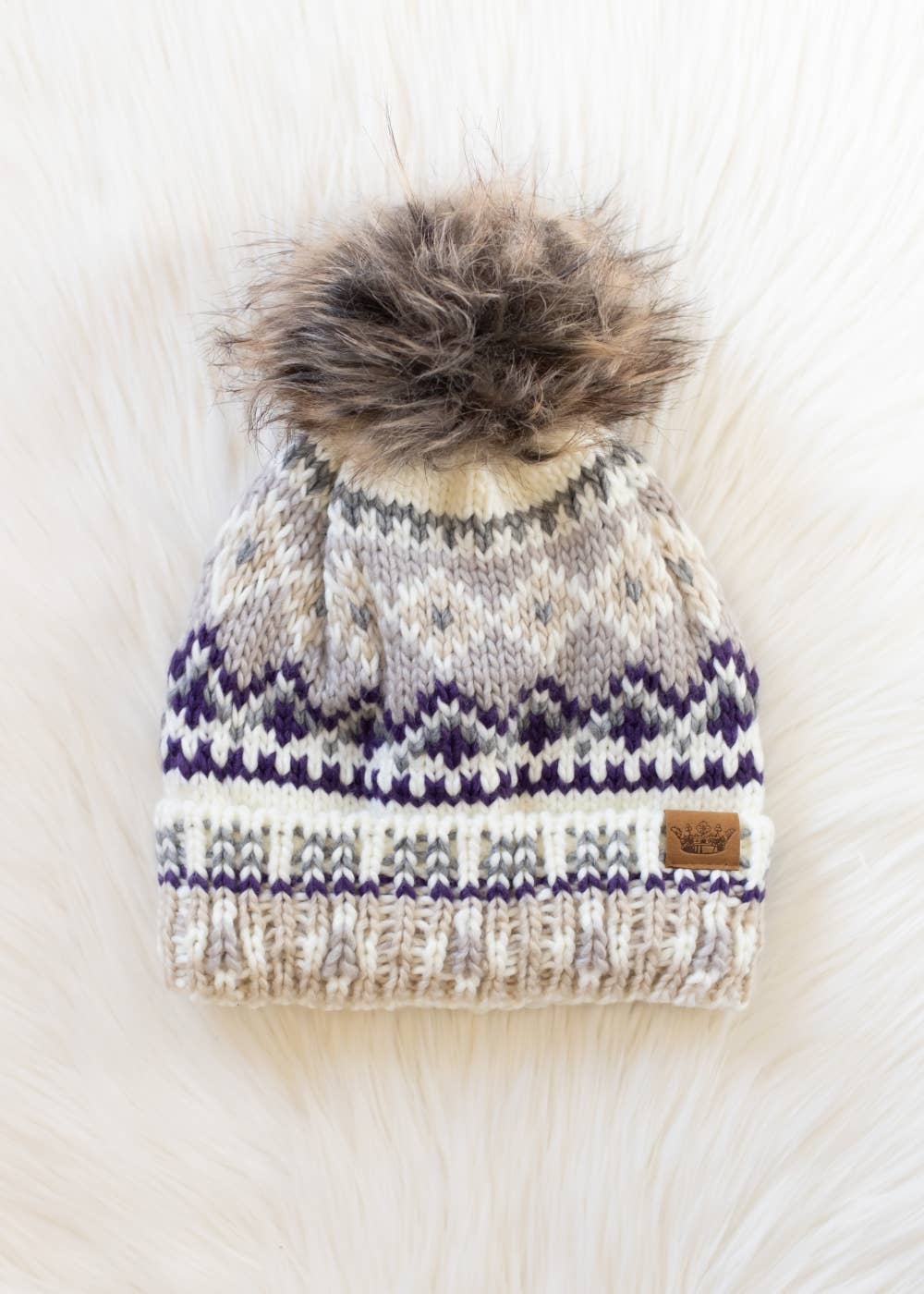 White, Purple & Taupe Patterned Pom Hat